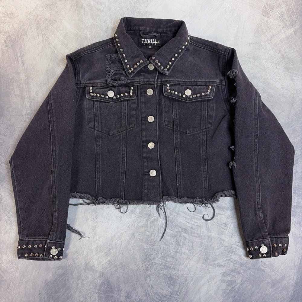 Thrill Jeans Denim Jacket Womens Medium Black Studded Distressed Cropped Punk